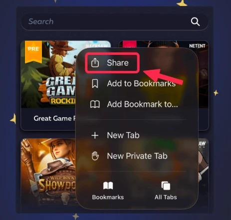 Tapping the Share button in Safari on the Vawada site
