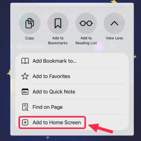 Selecting Add to Home Screen for the Vavabda web app