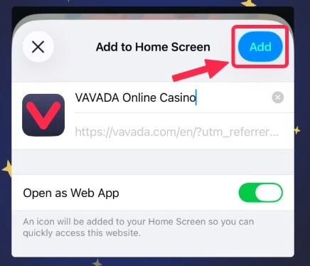 Confirming Add to Home Screen with Open as Web App enabled on Vavanda